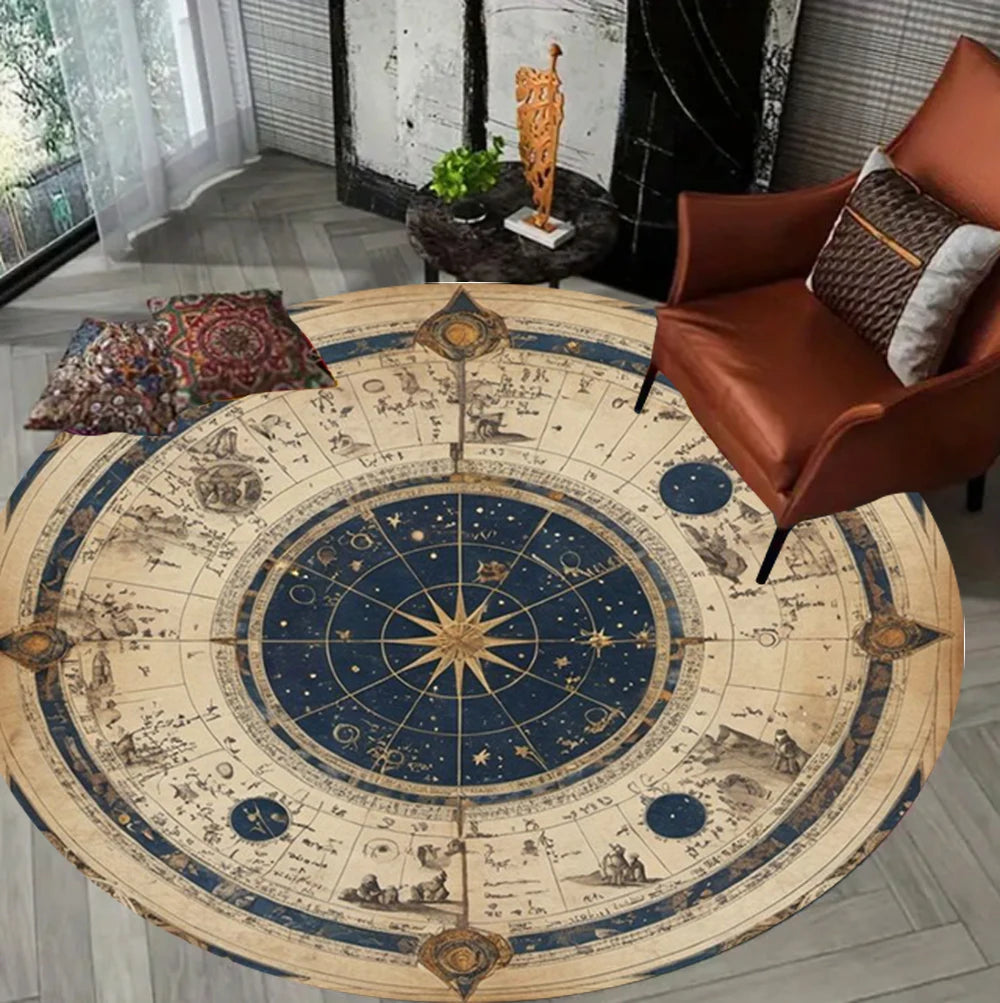 tapis rond céleste étoiles planètes bleu marine doré moderne salon chambre vintage decoration