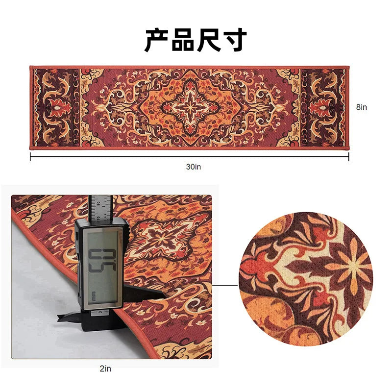 tapis marches ornements floraux rouge orange beige classique antidérapant daim 76x20cm