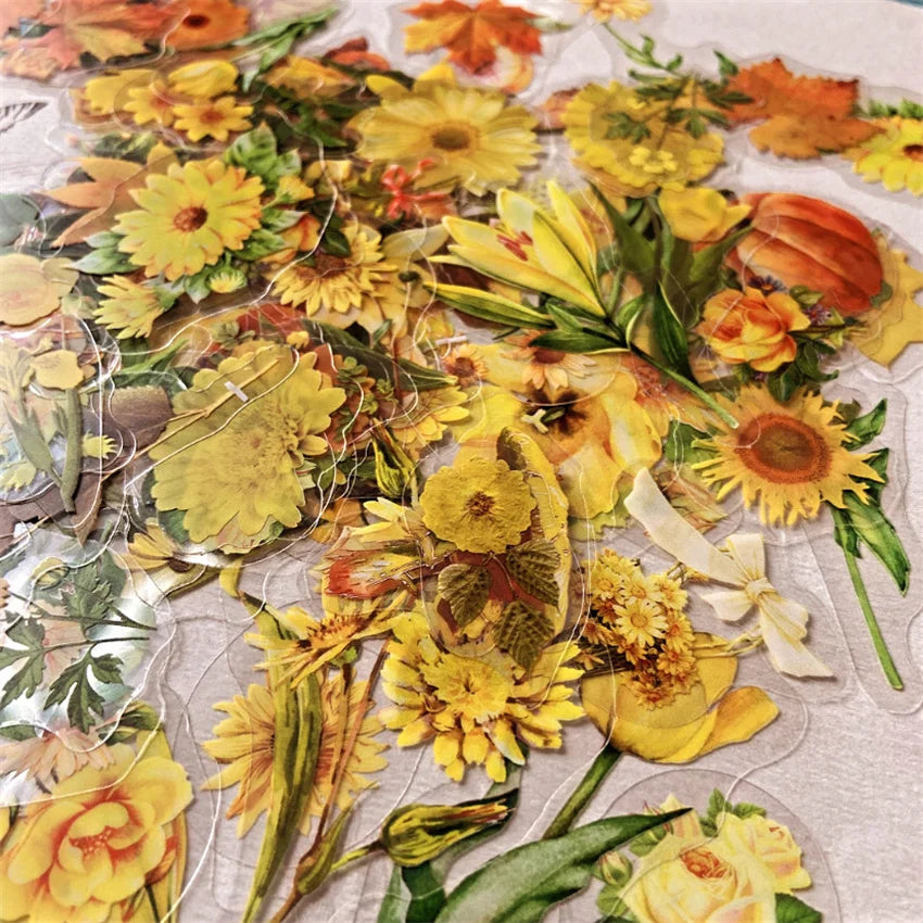 autocollants fleurs feuilles champignons oiseau transparents vintage nature jaune orange vert marron blancscrição automática