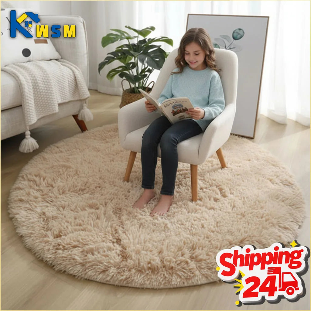 tapis rond polypropylène peluche doux moderne beige blanc bleu rose chambre salon enfant