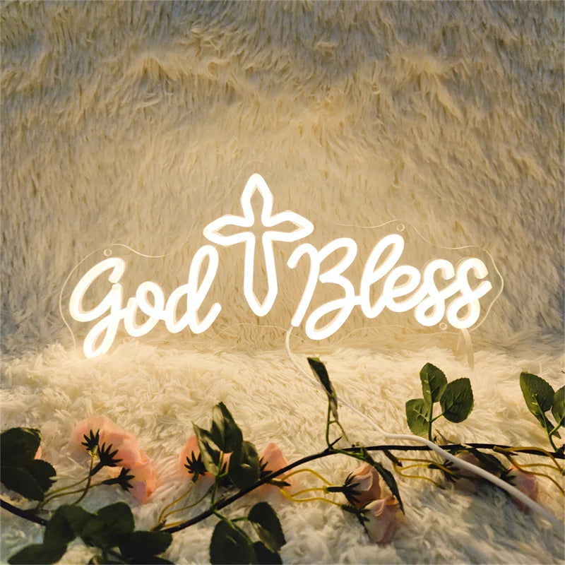 décoration lumineuse god bless sign neon blanc moderne religieux chambre coucher