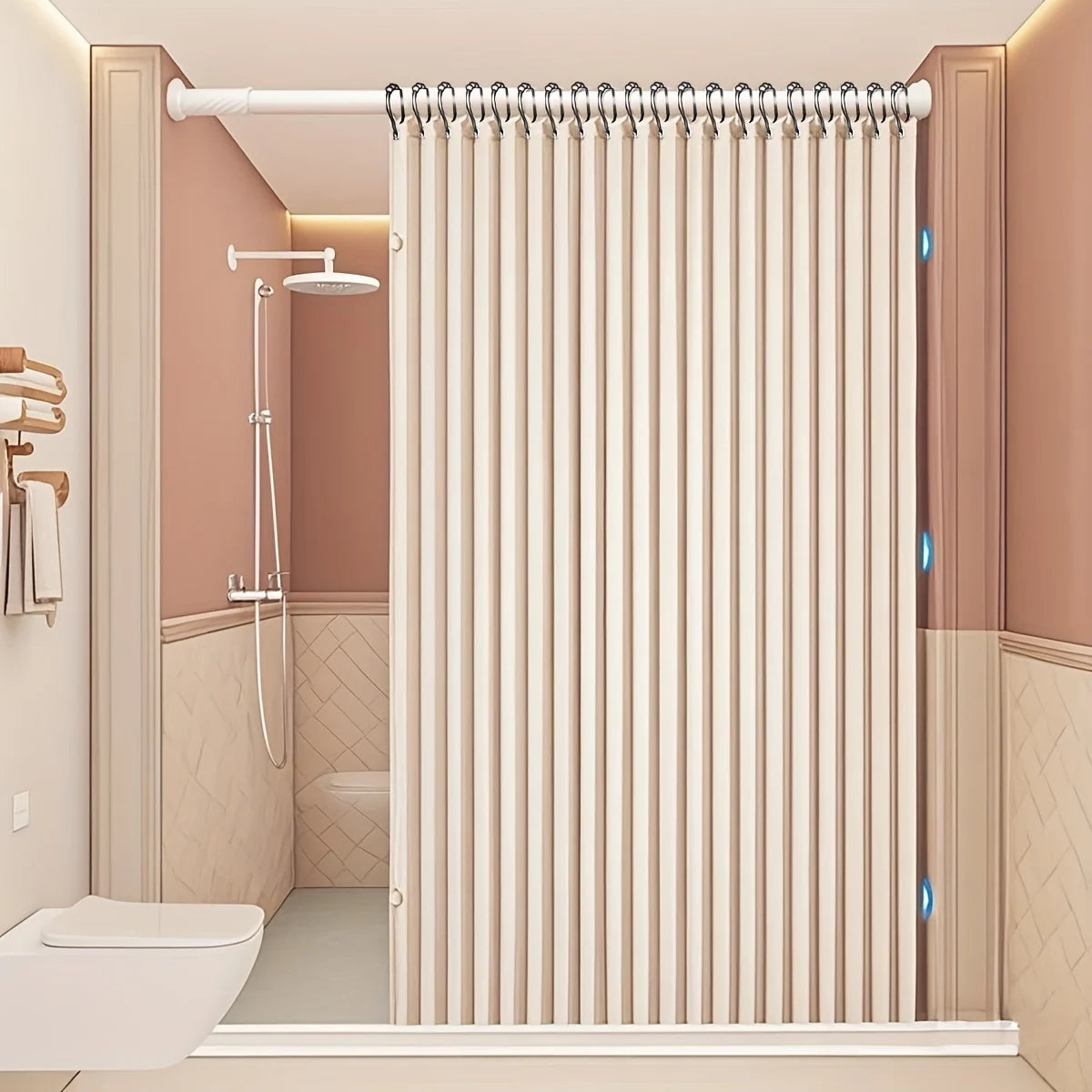 rideau douche moderne rayures verticales beige clair gris foncé opacité toilette apartment decoration