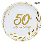 assiettes jetables dorées festives 8pcs anniversaire guirlandes feuilles textes classiques blancs