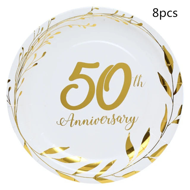 assiettes jetables dorées festives 8pcs anniversaire guirlandes feuilles textes classiques blancs