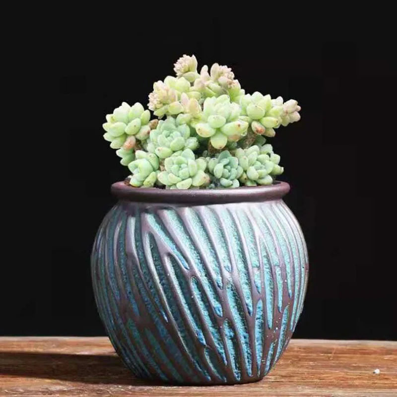 pots fleurs céramique glaçure abstraite bleu rose marron rustique plante verte artisanat