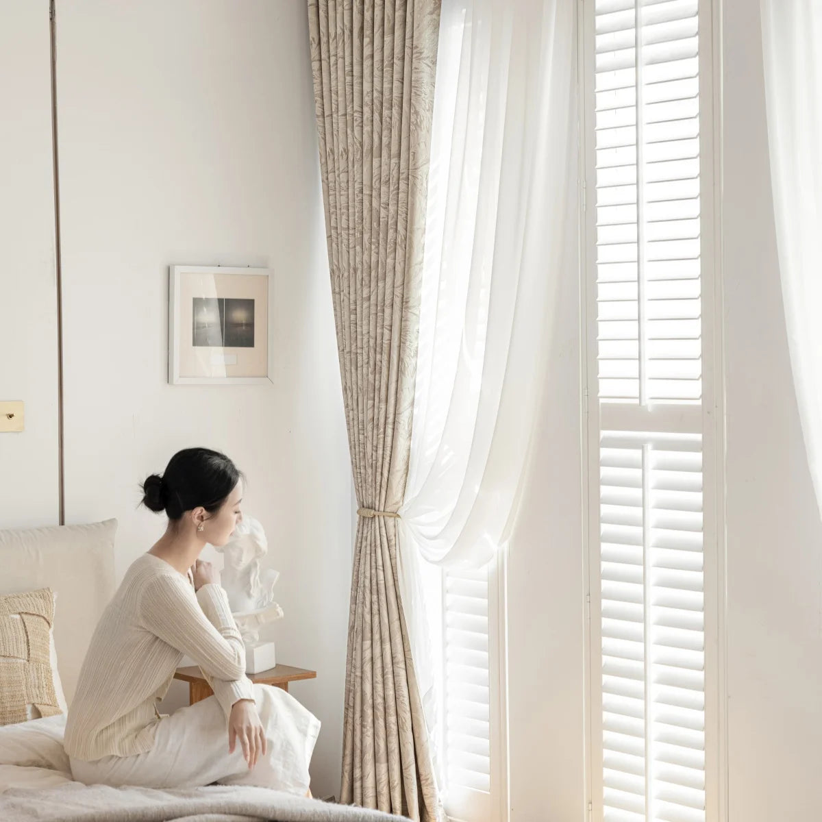 rideau fenêtre classique polyester effet marbre beige opacité totale élégant