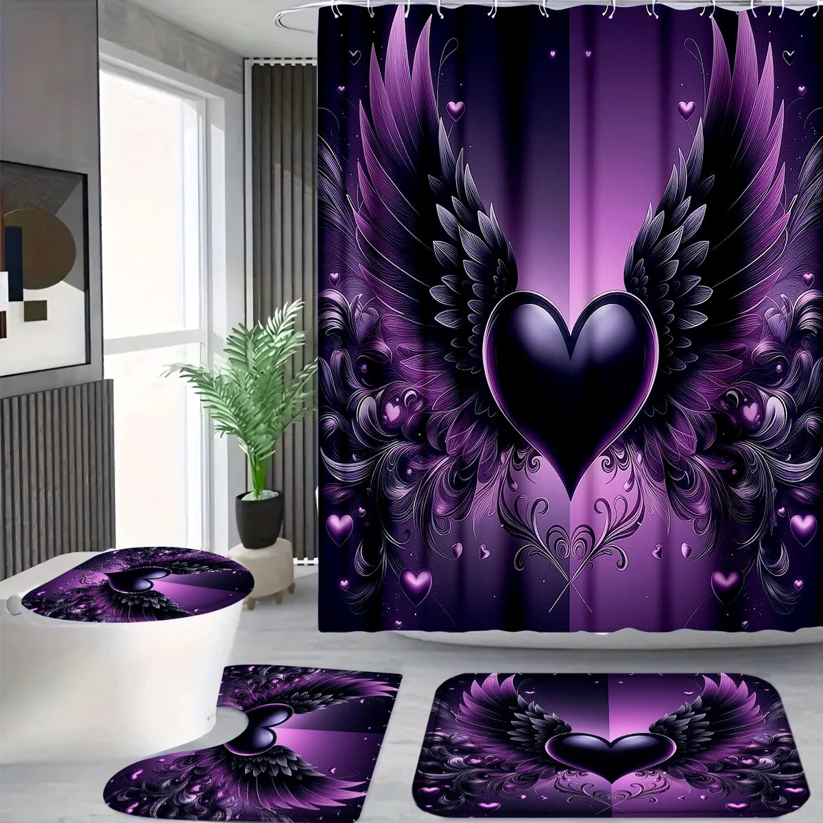 rideau douche violettes ailes coeurs tapis bain imperméable gothique fantaisie