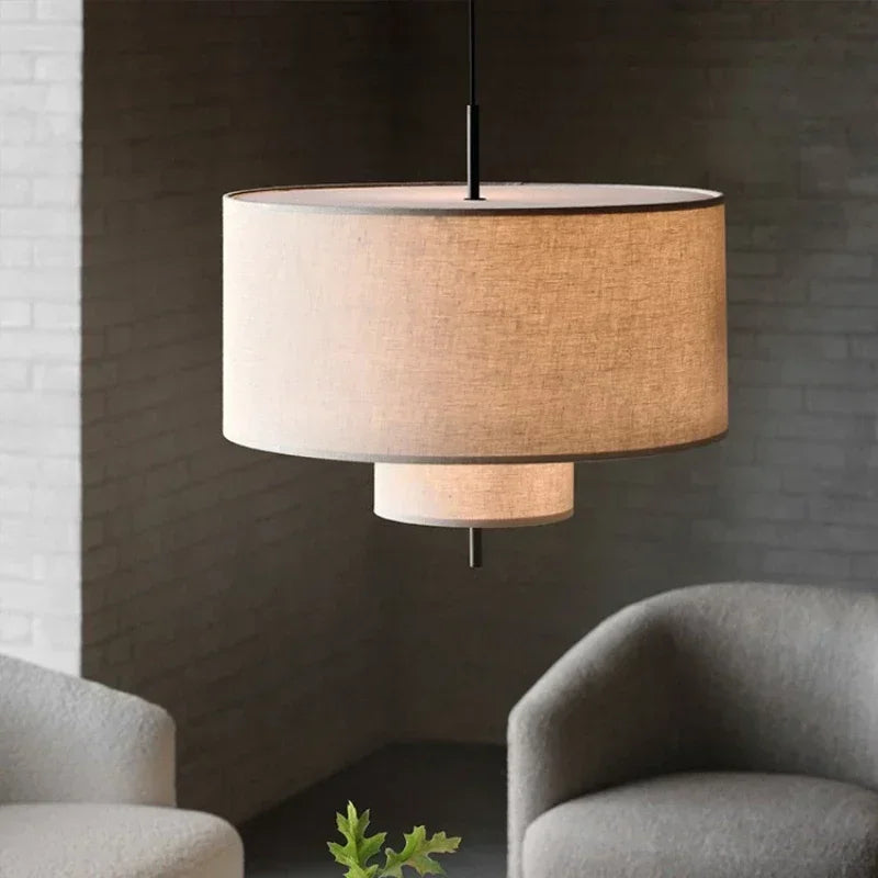 Suspension lumineuse moderne toile lin beige clair câble noir opaque chambre salon