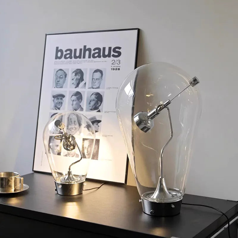 lampe table transparente industrielle abat jour texturé base métal argenté led chambre