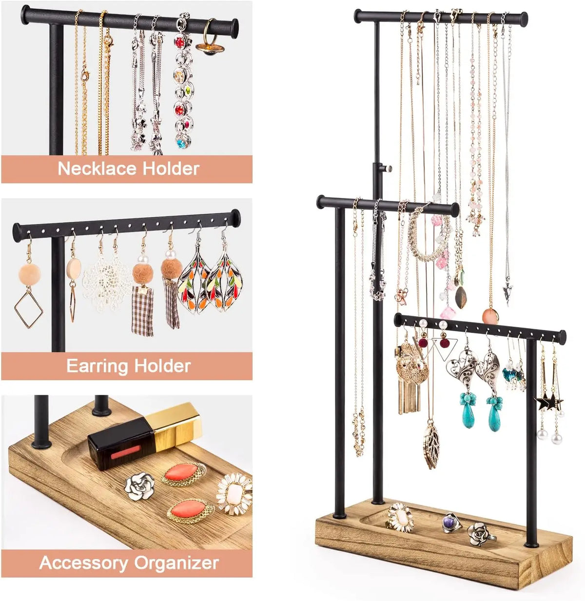 support bijoux moderne noir plateau bois boucles doreilles structure métallique haute qualité organisation industriel
