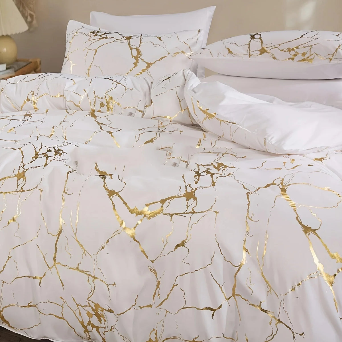 housse couette taies d'oreiller ensemble literie marbre doré fond blanc moderne luxueux polyester