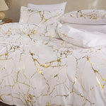 housse couette taies d'oreiller ensemble literie marbre doré fond blanc moderne luxueux polyester