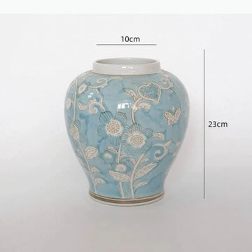 vase table fleurs papillons motifs floraux bleu jaune blanc decoratif chinois classique