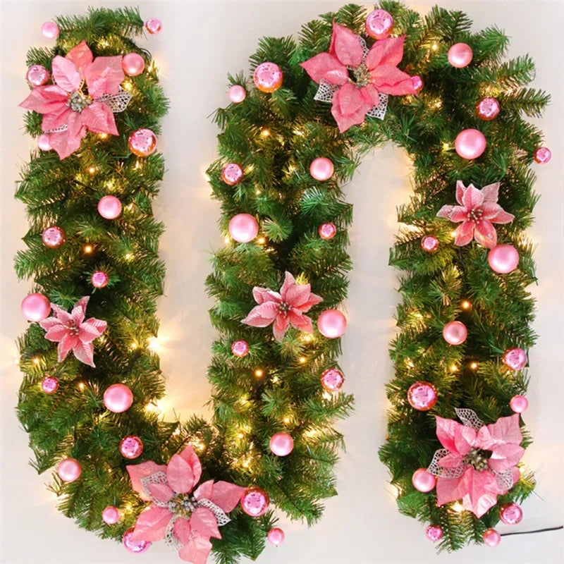 Guirlande Noël fleurs artificielles boules décoratives lumineuses intérieur festif vert doré rouge bleu