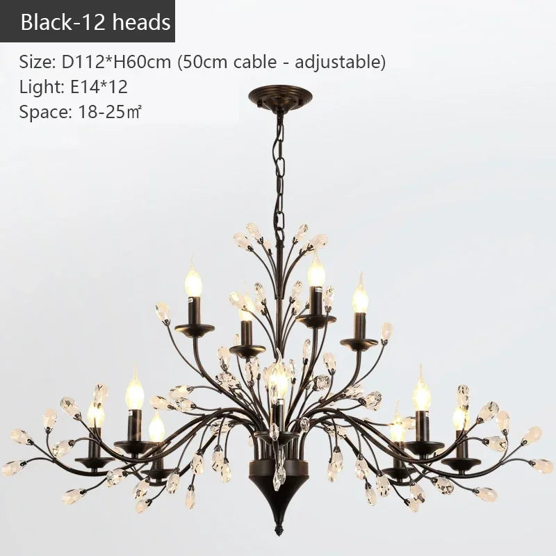 chandelier noir moderne cristaux transparents ampoules blanc chaud suspension élégante branches floralesstylisées