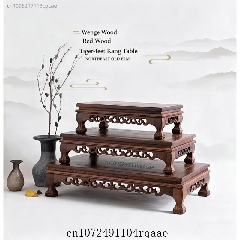 support bois sculpté table basse vase plantes traditionnel asiatique trépied