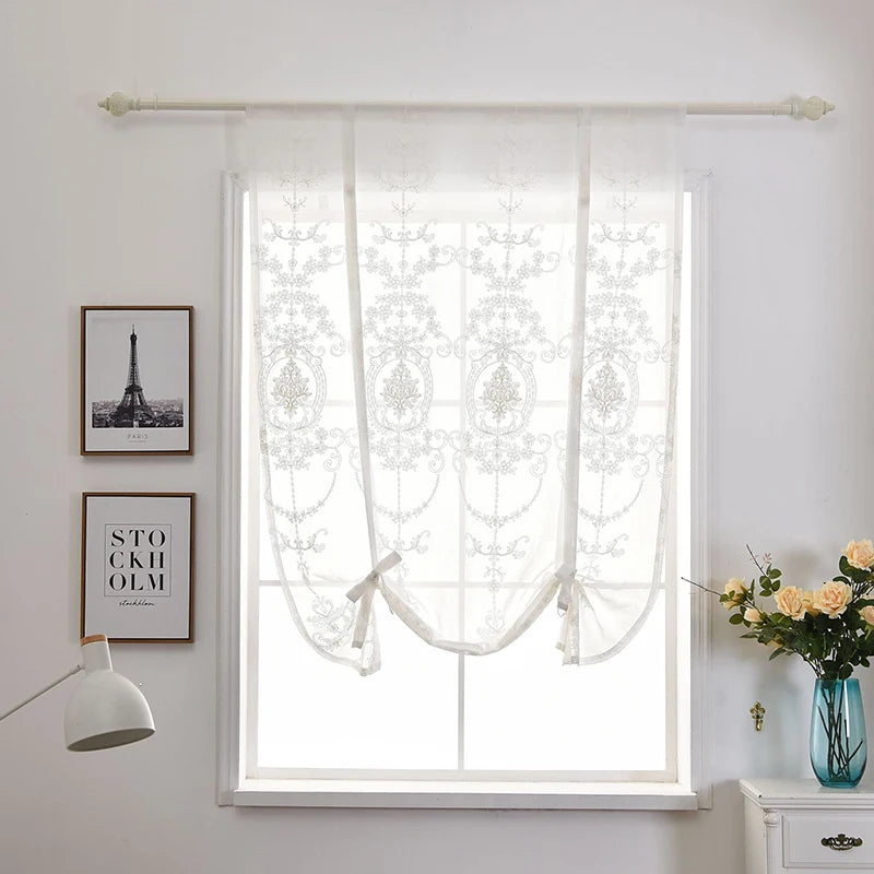 rideau fenêtre moderne floral brodé polyester blanc beige vintage