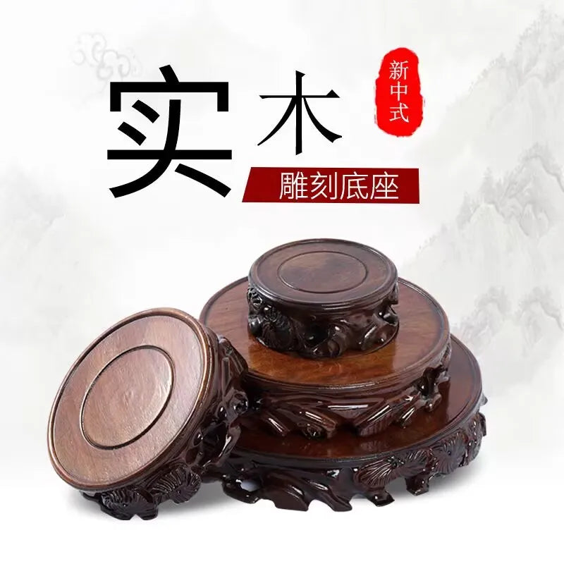 support décoratif bois sculpté motif floral artisanal marron foncé figurines bonsaïs vases plateaux