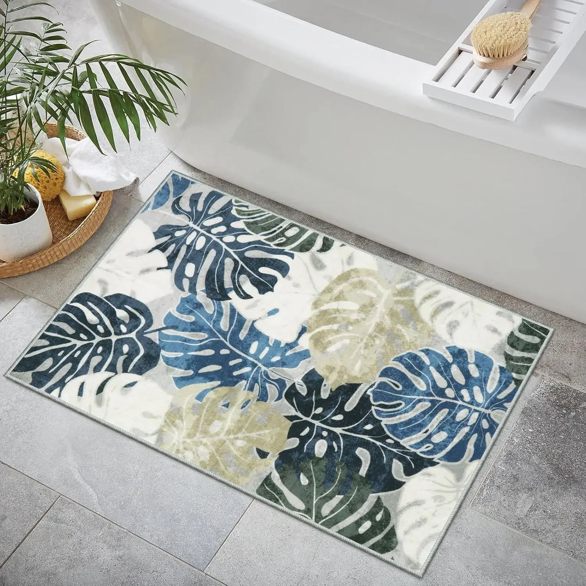 tapis sol antidérapant feuilles tropicales moderne bleu vert beige blanc