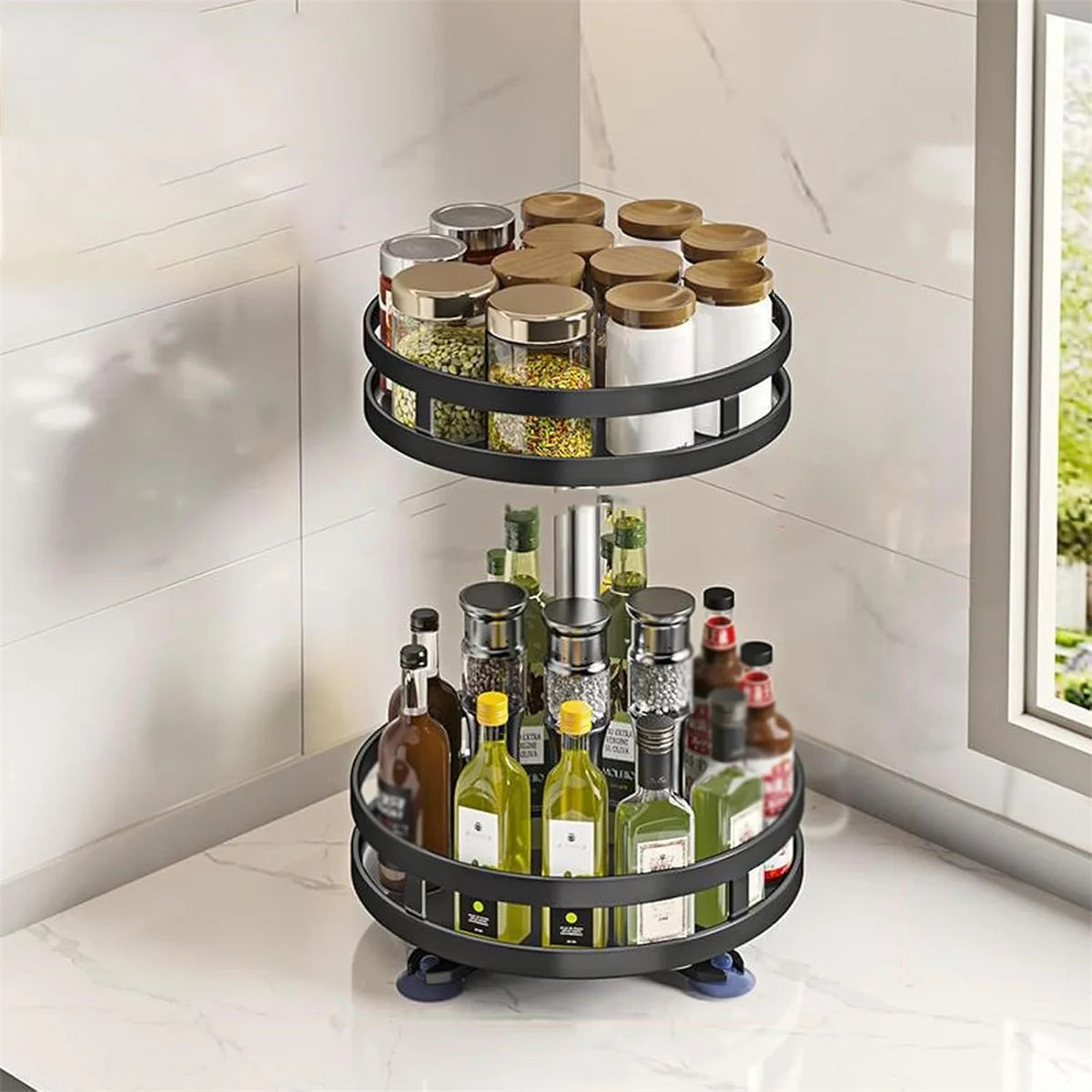 rangement tournant étagère métal noir argenté pots épices bouteilles cosmétiques moderne utilitaire