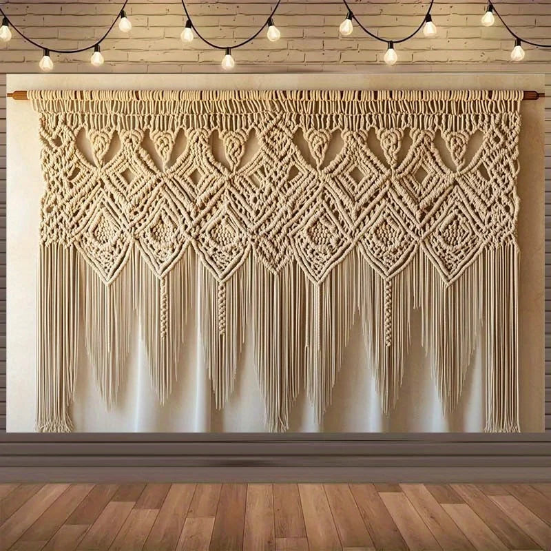rideau macramé boho chic motifs géométriques franges beige clair occasion fête anniversaire mariage