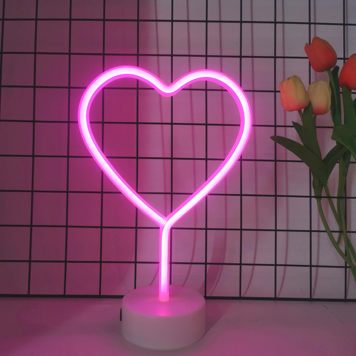lampe décorative néon forme coeur rose base blanche rechargeable usb anniversaire mariage