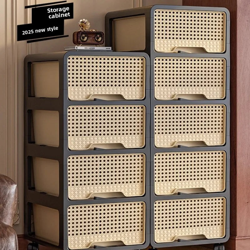 rangement tiroirs rattan imitation noir beige moderne salon roulettes organisateur