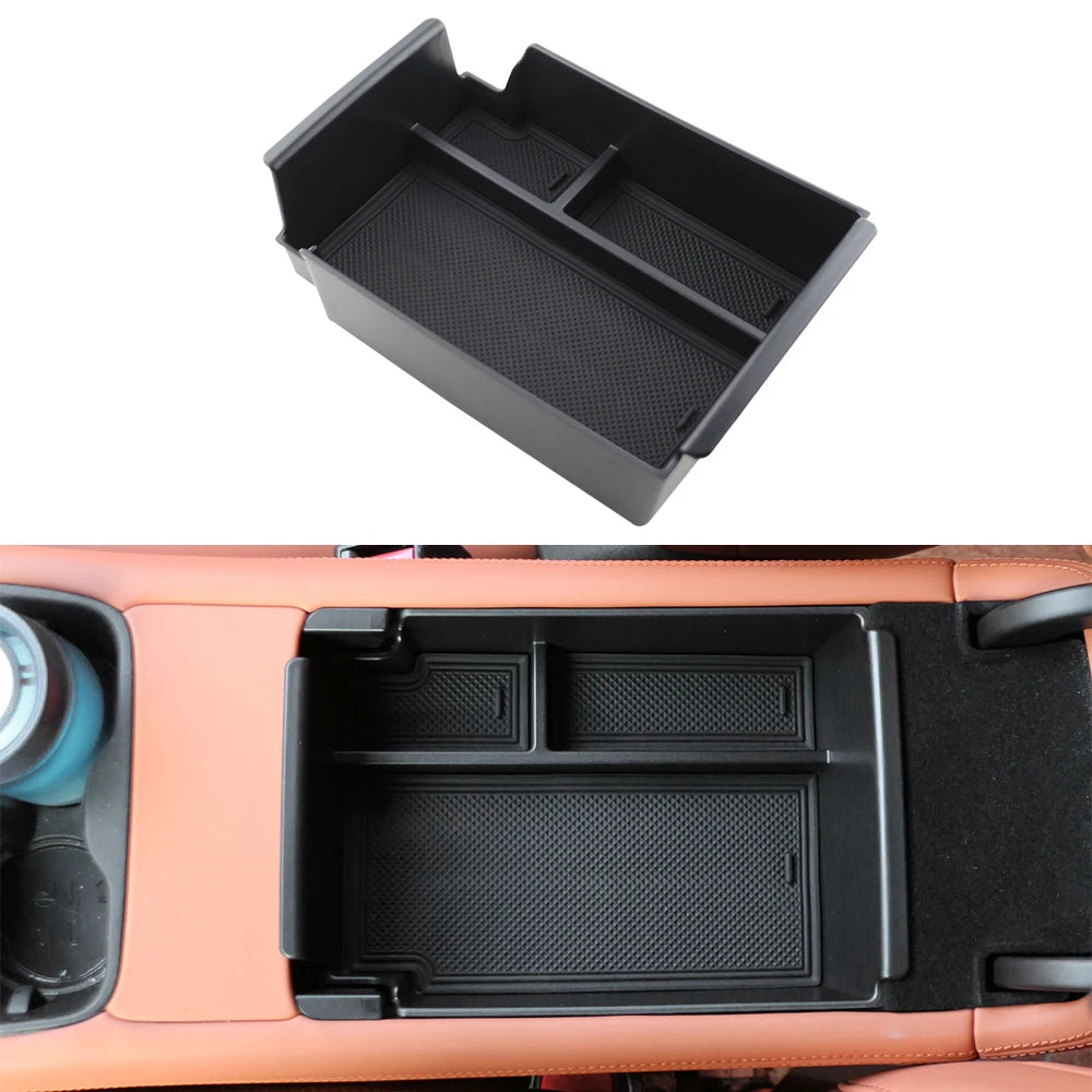 organisateur console centrale noir boîte rangement abs lumière plateaux amoviblesintérieur lisse moderne utilitaire