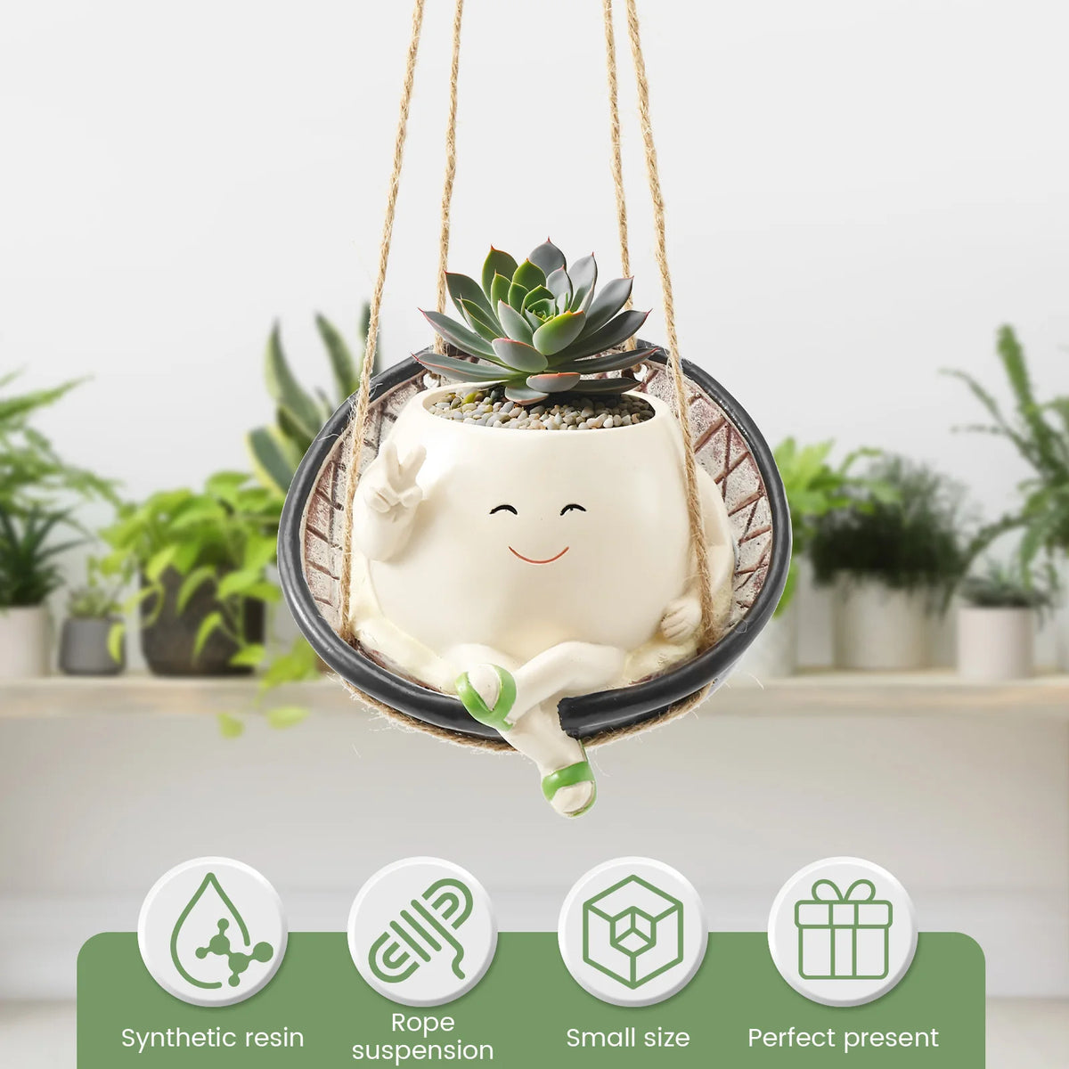 pot fleurs suspendu resine forme personnage souriant hamac blanc crème vert