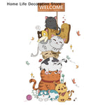 sticker mural multicolore dessin animé chats bienvenue fleurs papillons adhésif chambre enfant deco cartoon