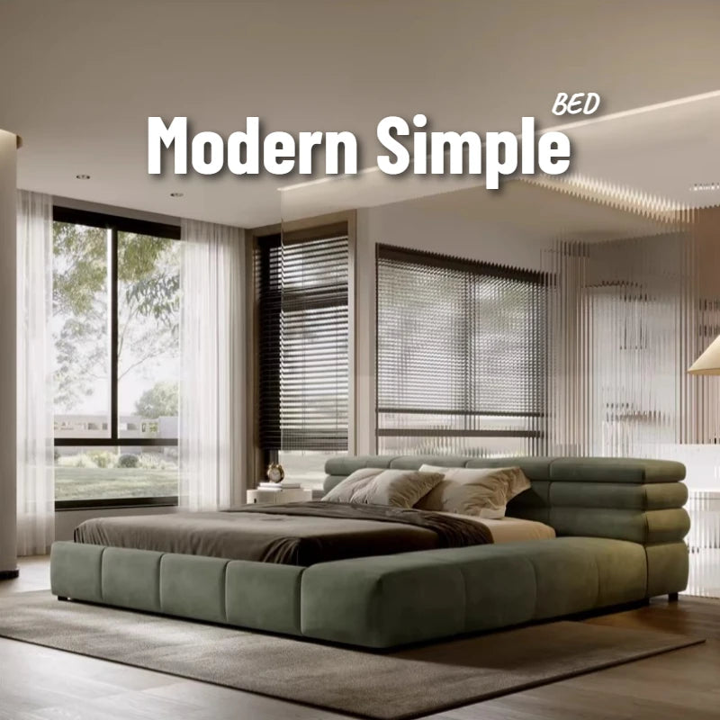 lit double vert olive velours moderne oreillers draps king size assemblage bois chambre