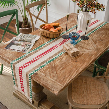 chemin table coton beige rustique rayures horizontales franges boho chic maison
