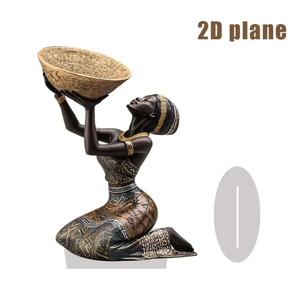 statue africaine femme priante marron doré artisanale base blanche panier osier ethnique art deco