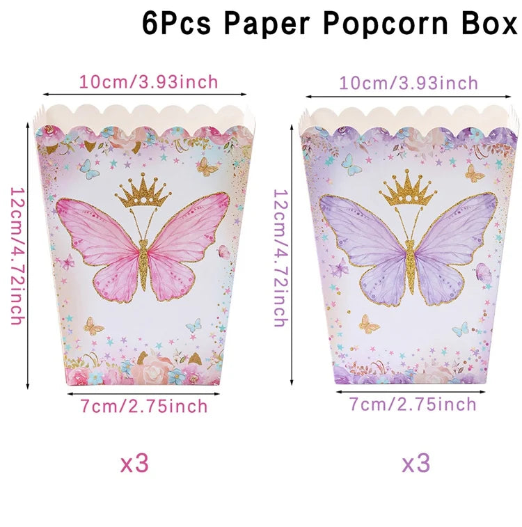 boîtes pop corn décoratives papillons rose violet doré fête anniversaire mariage baptême fille