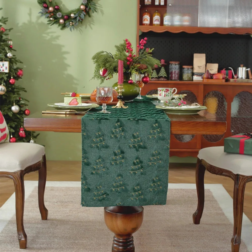 changement saison chemin table vert sapins dorés classique noël décoration festive 183cm longueur