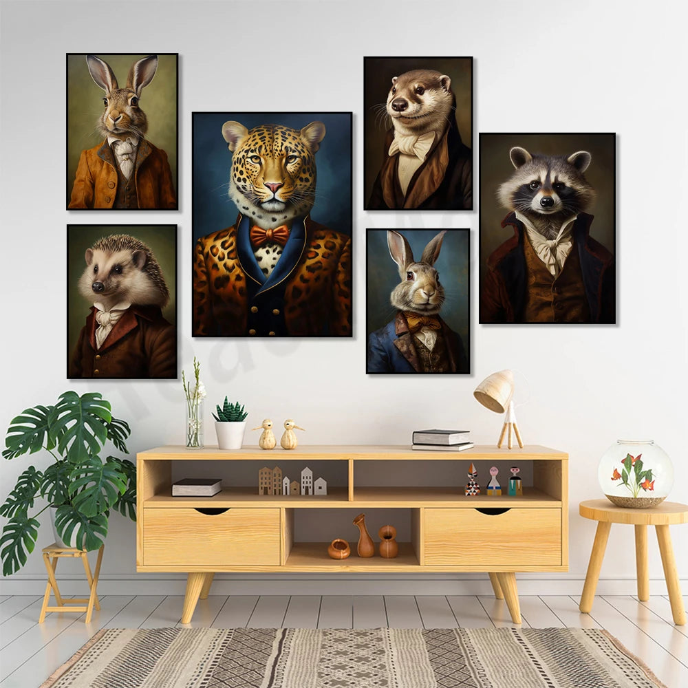 Un ensemble d'illustrations de différents animaux anthropomorphiques habillés en costume, créant une ambiance élégante et whimsique dans cette pièce.