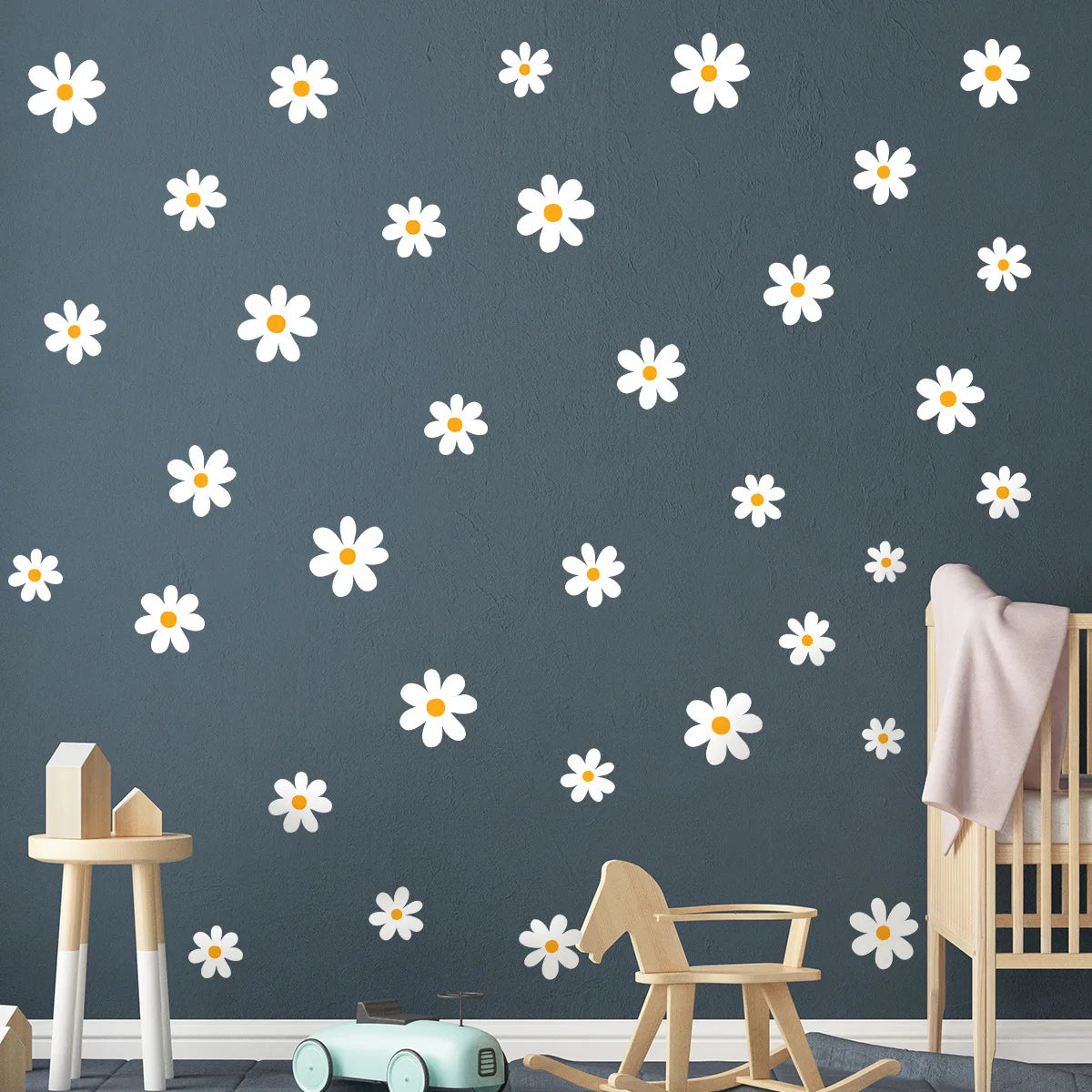 sticker mural blanc jaune fleurs camomille adhésif minimaliste moderne chambre salon deco amovible