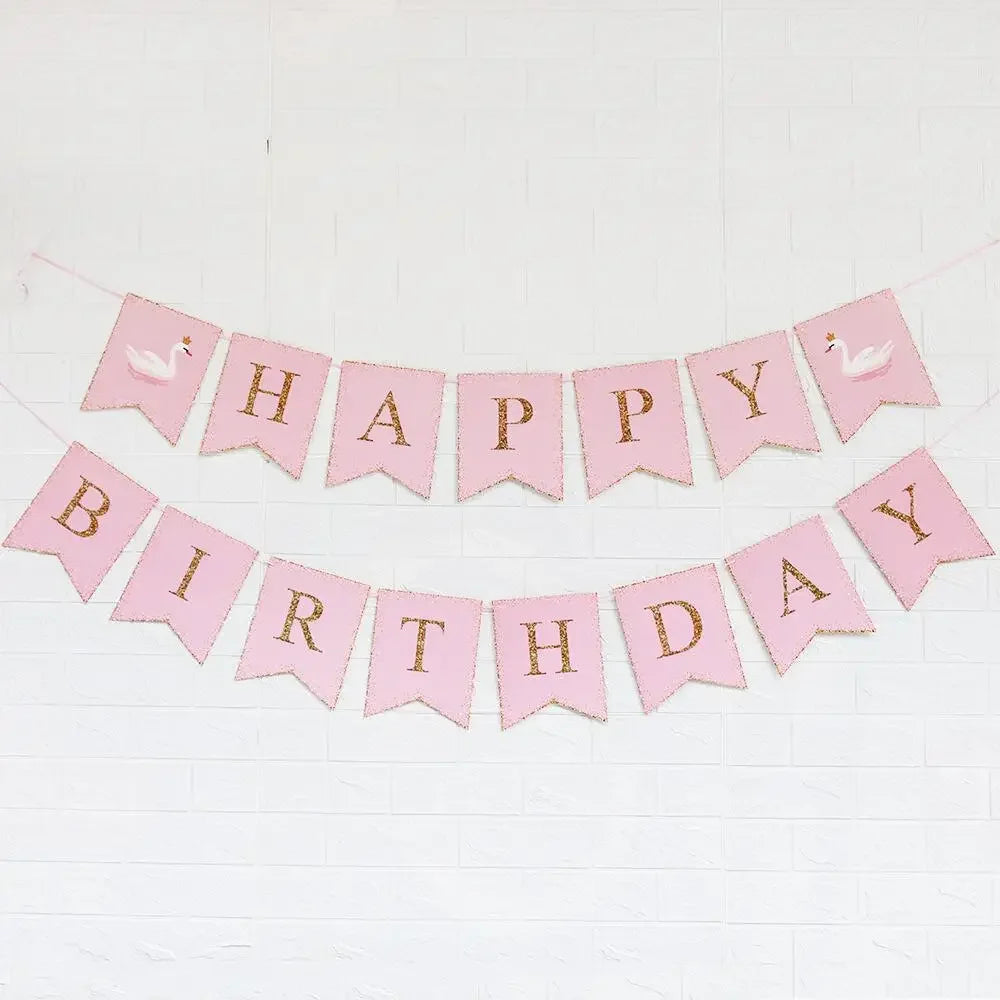 guirlande fanions cygnes blancs princesses lettres dorées fête anniversaire rose clair festive