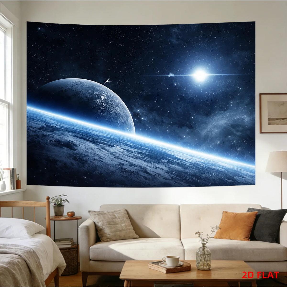 tapisserie moderne 3D planète étoiles décoration murale polyester clips bleu noir blanc chambre salon