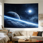 tapisserie moderne 3D planète étoiles décoration murale polyester clips bleu noir blanc chambre salon