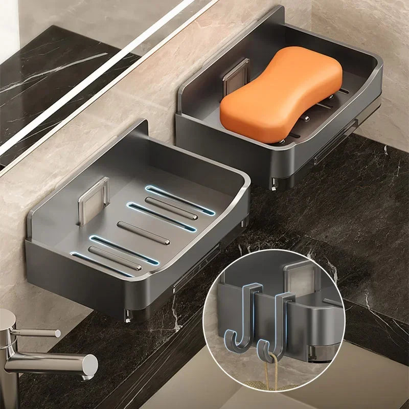 porte savon mural adhésif gris moderne double drainage salle bains organisateur plastique