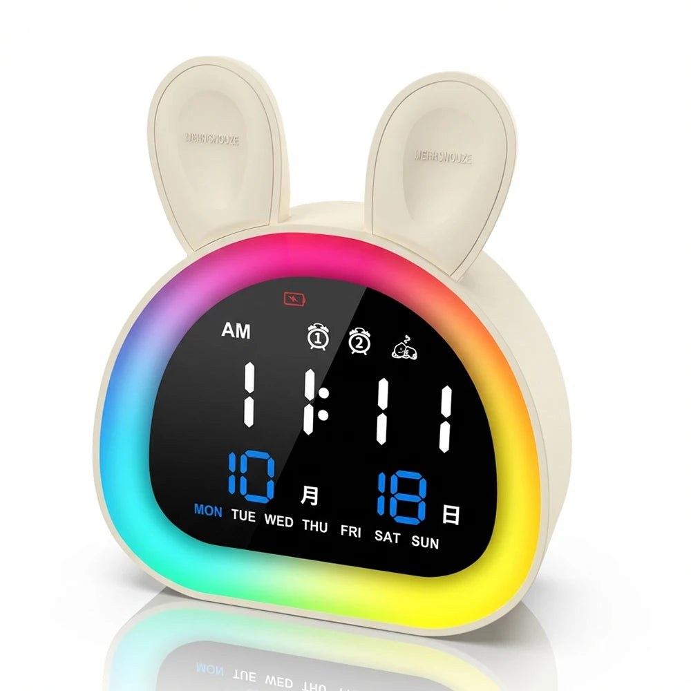 horloge table moderne blanc oreilles lapin lumiere d'ambiance port usb calendrier led lcd numériques