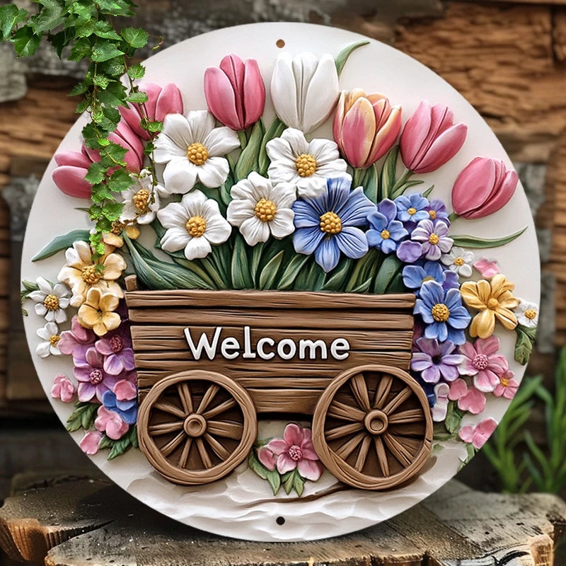 plaque décorative fleurs relief welcome bois couleur rose blanc marron pastorelle 20cm diameter
