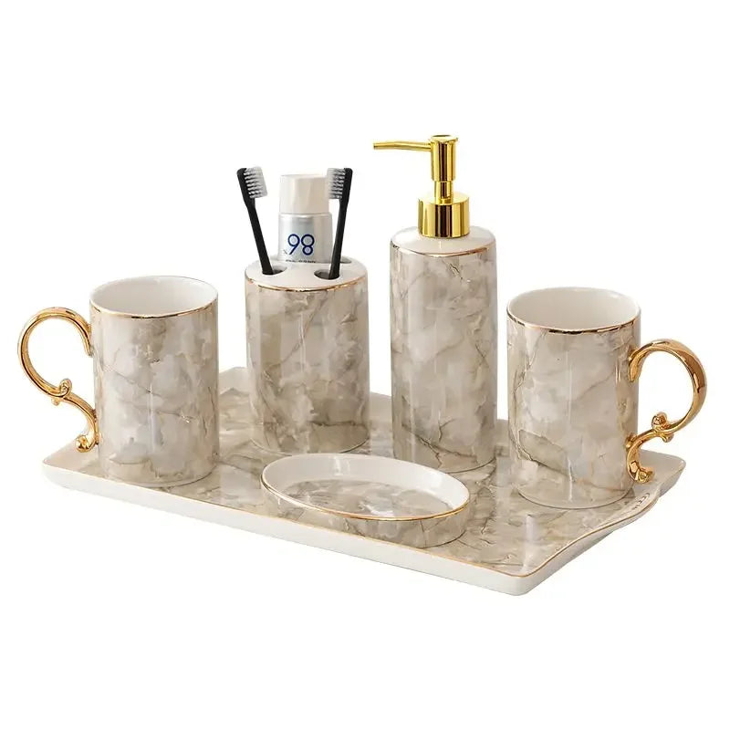 ensemble vaisselle salle bain marbre blanc gris or classique tasses poignées dorées porte brosse