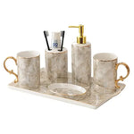 ensemble vaisselle salle bain marbre blanc gris or classique tasses poignées dorées porte brosse