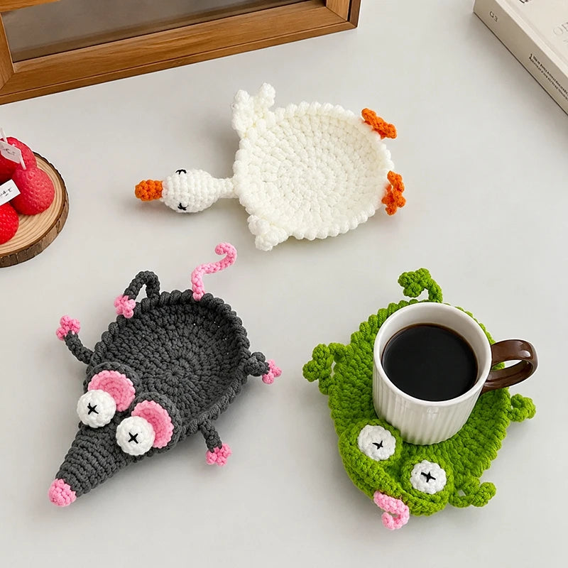 coasters crochetés motifs animaux créatifs opaques vert bleu jaune blanc dinosaure oiseau écologiques