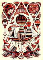 sticker autocollant tatouage vintage motifs traditionnels fleurs animaux symboles rouge noir beige blanc bleu