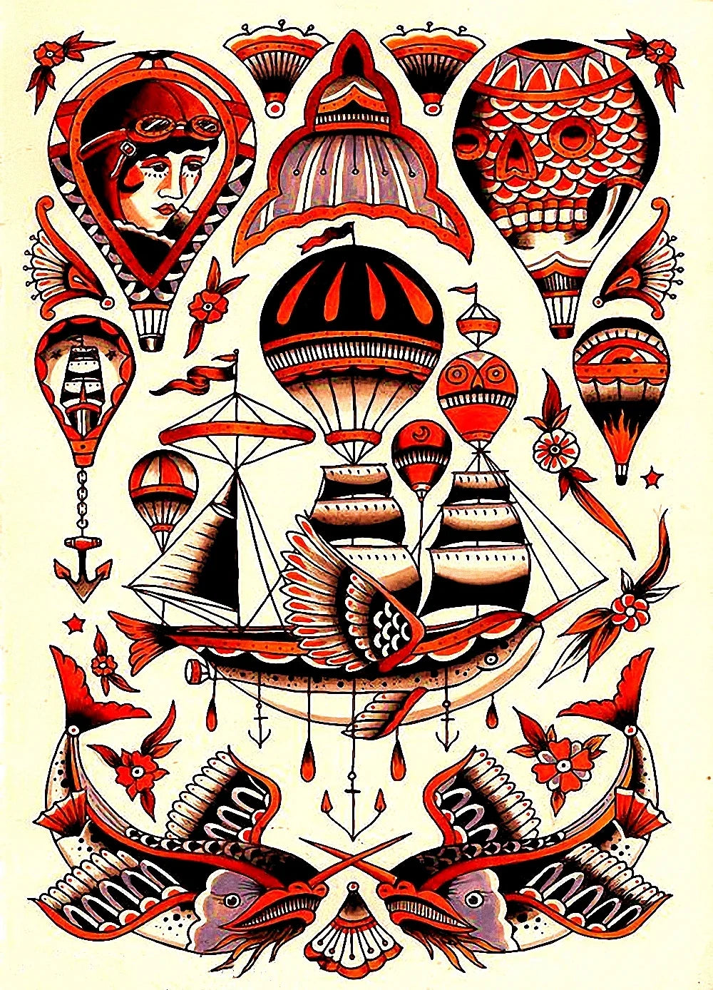 sticker autocollant tatouage vintage motifs traditionnels fleurs animaux symboles rouge noir beige blanc bleu