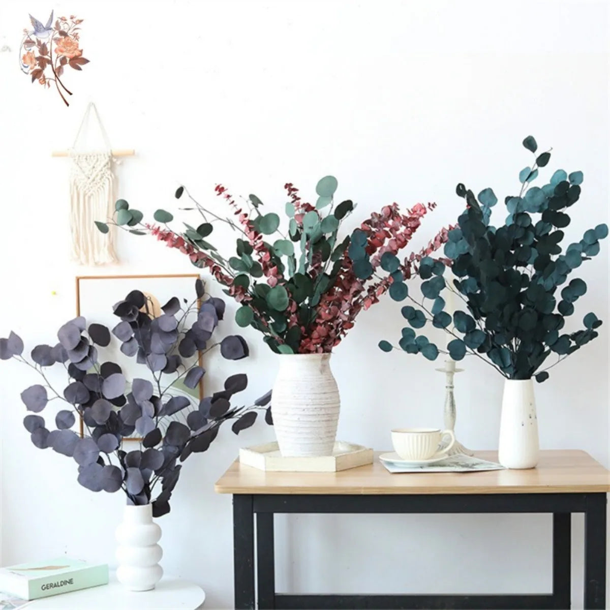 décoration intérieure bouquet fleurs séchées eucalyptus feuilles pomme naturel vert violette moderne mariage maison