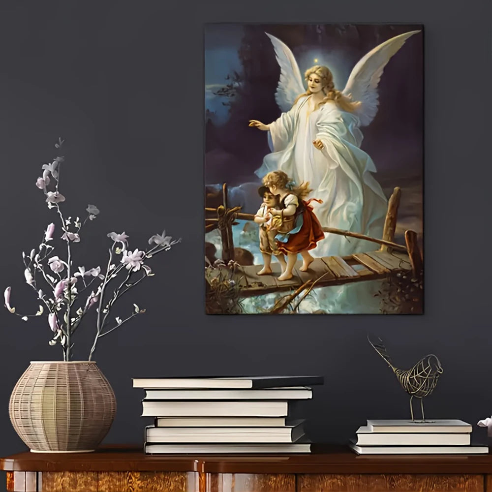 tableau classique religieux ange enfant paysage nocturne blanc doré bleu rose vert noir sans